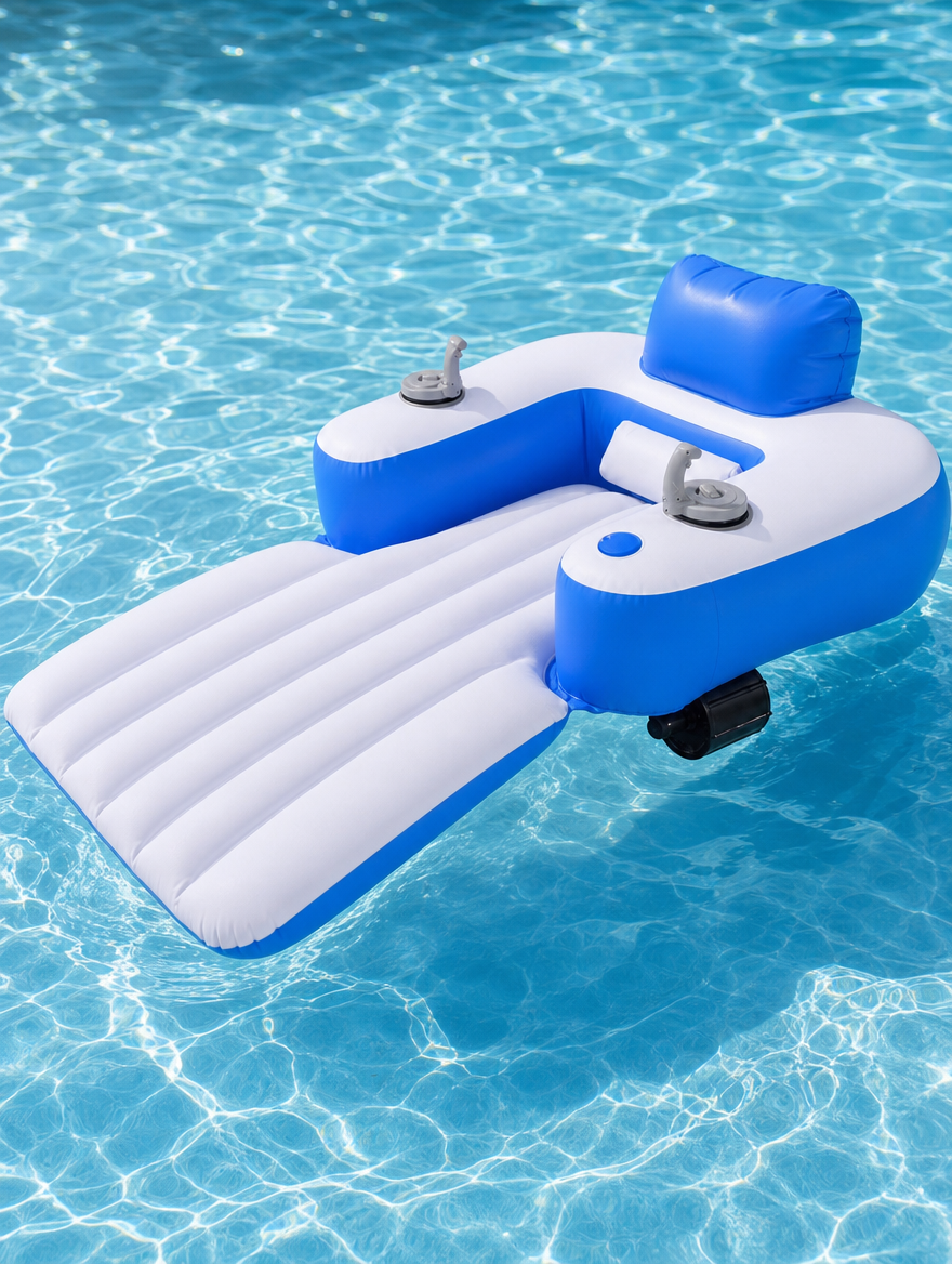 HELIOS Super Glide motorized water lounger floating on a pool